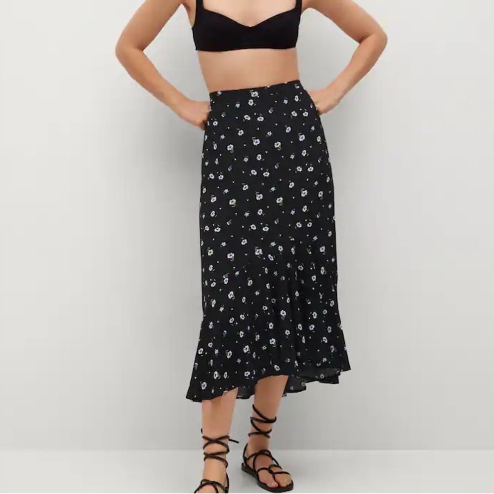 Mango Printed Floral Ruffle Midi Skirt